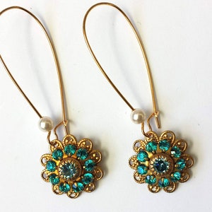 Vintage Blue Zircon Earrings, Crystal Rhinestone Earrings, Art Deco Earrings, Gold Dangle Earrings, Blue Zircon and Sapphire Earrings