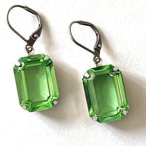 Peridot Crystal Earrings, Green Octagon Earrings, Bridesmaids Gift, Anniversary Gift,  Rhinestone Earrings, Gift for Mom, Jewelry Gift