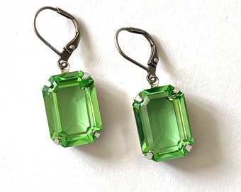 Peridot Crystal Earrings, Green Octagon Earrings, Bridesmaids Gift, Anniversary Gift,  Rhinestone Earrings, Gift for Mom, Jewelry Gift