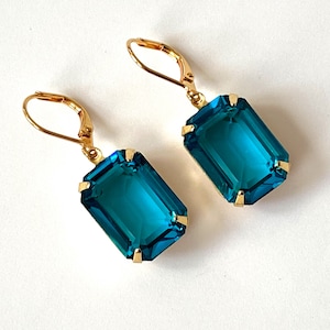 Blue Zircon Crystal Earrings, Teal Rhinestone Earring, Blue Zircon Octagon Earrings, Bridesmaids Gift, Gifts for Her, Prom Jewelry