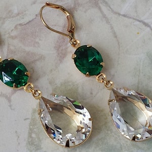 Crystal Double Drop Earrings, Emerald and Crystal Earrings, Bridesmaid Jewelry Gifts, Clear Drop Earrings, Rhinestone Earrings