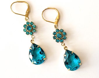 Blue Zircon Earrings, Crystal Teardrop Earrings, Art Deco Earrings, Gold Teal Drop Earrings, Vintage Blue Rhinestone Earrings,