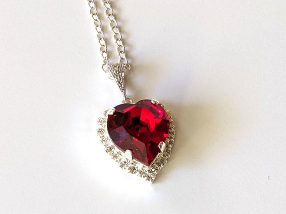 Red Crystal Heart Necklace: Silver Plated Halo Pendant