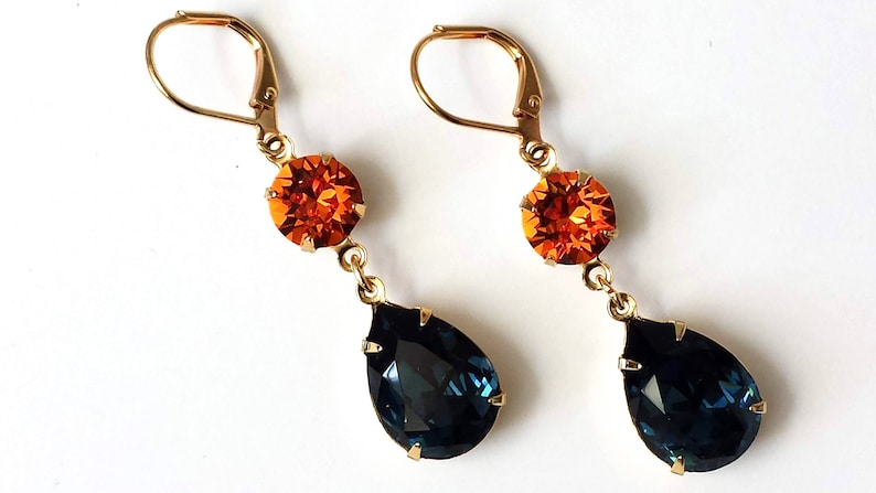 Dark Sapphire and Tangerine Earrings, Dark Sapphire Earrings, Bridesmaid Jewelry, Navy and Orange Teardrop Earrings, Double Drop Earrings image 6
