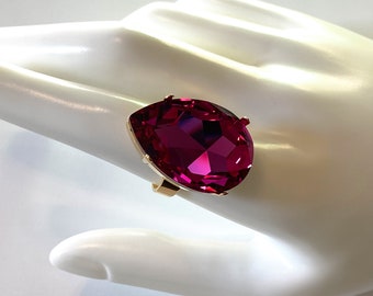 Fuchsia Teardrop Crystal Statement Ring, Gold Plated Pink Adjustable Band, Huge, Statement, Cocktail, ArtistInJewelry