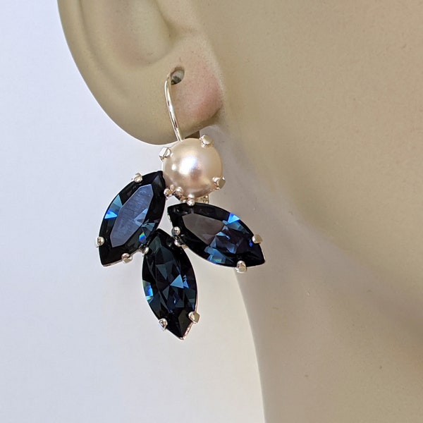 Unique Dark Sapphire and Pearl Earrings, Elegant Jewelry, Dark Sapphire Earrings, Brides Jewelry, Silver Marquise Earrings, Gift for Her