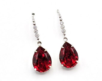 Red Crystal Drop Earrings, Red Crystal Rhinestone Earrings, Red and Silver Drop Earrings, Bridesmaid Jewelry, Art Deco Earrings