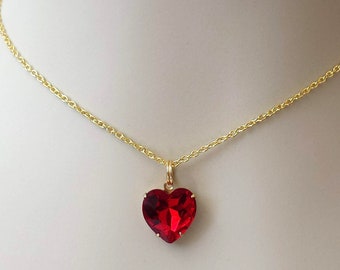 Delicate Ruby Red Crystal Necklace, Heart Pendant Necklace, Ruby Crystal Choker, Red Choker Necklace, Ruby Choker, NEW Silver Heart Choker