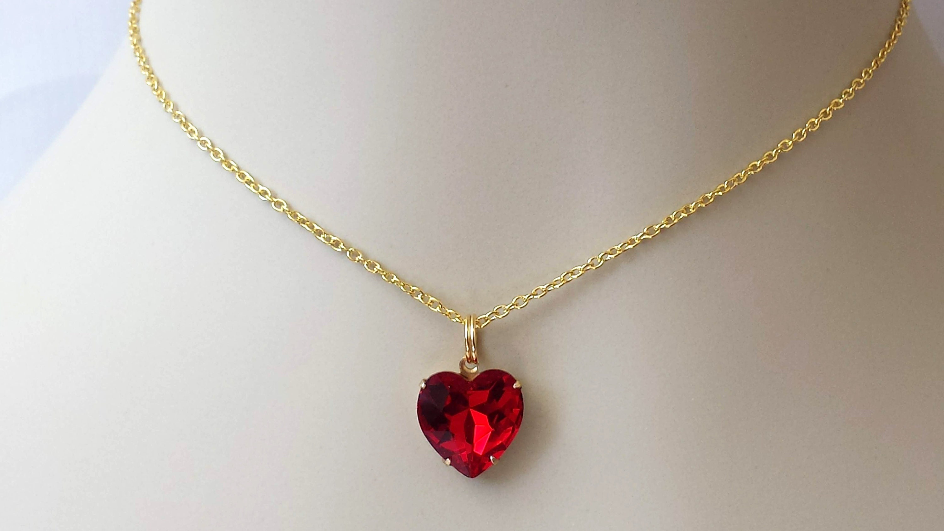 Ruby Red Crystal Necklace Heart Pendant Necklace Ruby | Etsy UK