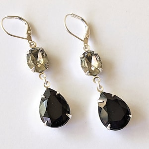 Black Crystal Teardrop Earrings, Black and Gray Earrings, Bridesmaid Gifts, Black Diamond Rhinestone Earrings, Black Double Drop Earrings