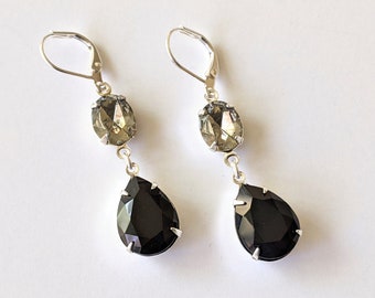 Black Crystal Teardrop Earrings, Black and Gray Earrings, Bridesmaid Gifts, Black Diamond Rhinestone Earrings, Black Double Drop Earrings