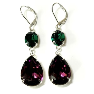 Long Dangle Amethyst Crystal Earrings, Purple Teardrop Earrings, Bridesmaid Gift, Amethyst and Emerald Earrings Handcrafted Amethyst Earring