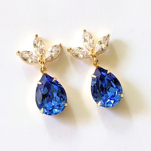 Sapphire Blue Crystal Teardrop Earrings: Gold Plated Cubic Zircon Posts, Elegant, Bridal, ArtistInJewelry