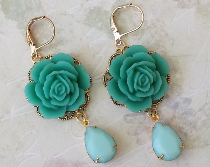Mint Green Earrings Rhinestone Earrings Green Flower Earrings Etsy