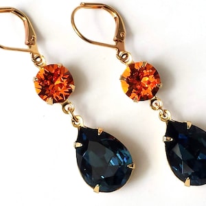 Dark Sapphire and Tangerine Earrings, Dark Sapphire Earrings, Bridesmaid Jewelry, Navy and Orange Teardrop Earrings, Double Drop Earrings image 2