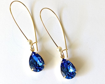 Pendientes de lágrima de zafiro azul: colgantes de cristal austriaco bañados en oro, regalos para damas de honor, ArtistInJewelry