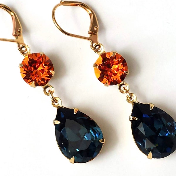 Dark Sapphire and Tangerine Earrings, Dark Sapphire Earrings, Bridesmaid Jewelry, Navy and Orange Teardrop Earrings, Double Drop Earrings