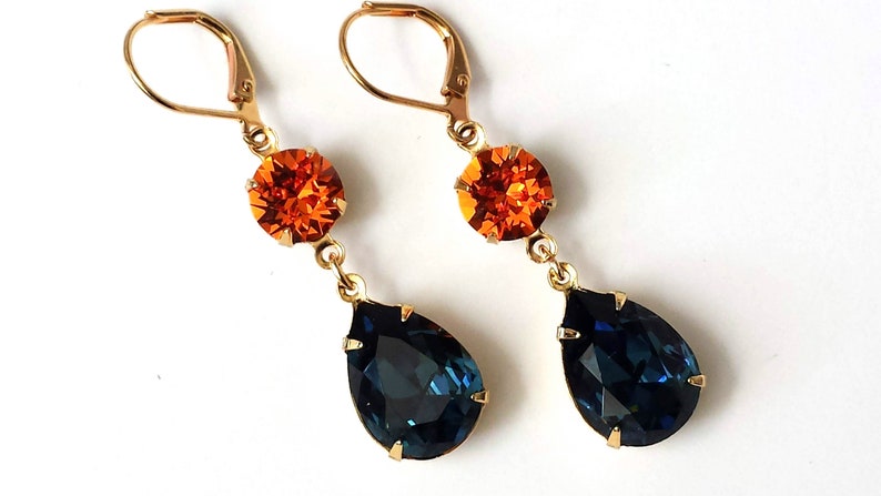 Dark Sapphire and Tangerine Earrings, Dark Sapphire Earrings, Bridesmaid Jewelry, Navy and Orange Teardrop Earrings, Double Drop Earrings image 1