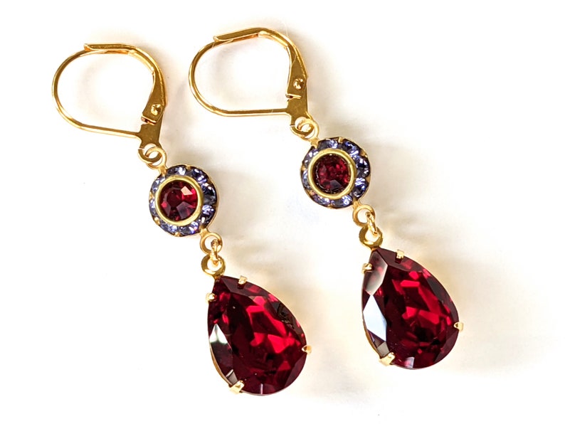 Red and Tanzanite Earrings Red Rhinestone Earrings Art Deco | Etsy