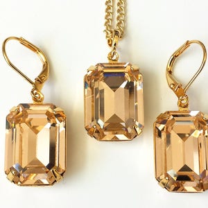 Light Peach Crystal Jewelry Set, Wedding Crystal Jewelry, Set of 2 Necklace and Earrings, Light Peach Octagon Jewelry, Bridesmaids Jewelry