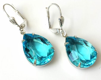 Aquamarine Drop Earrings, Aquamarine Rhinestone Earrings, Blue Teardrop Earrings, Bridal Jewelry, Aqua Earrings, Blue Silver Drop Earrings