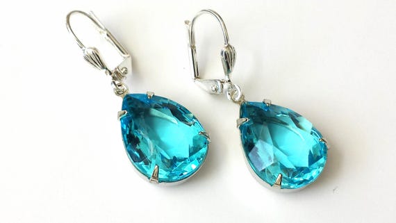 Aquamarine Drop Earrings Aquamarine Rhinestone Earrings Blue | Etsy