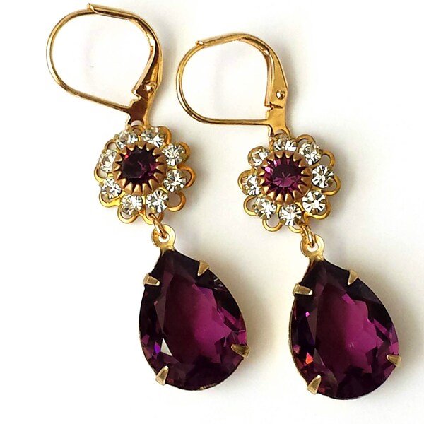 Amethyst Crystal Earrings, Crystal Teardrop Earrings, Art Deco Earrings, Purple Rhinestone Earrings, Vintage Amethyst Drop Earrings