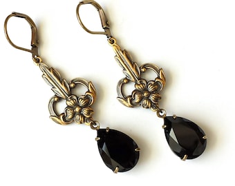Orecchini a goccia in cristallo nero: gioielli vintage in stile Art Déco con strass