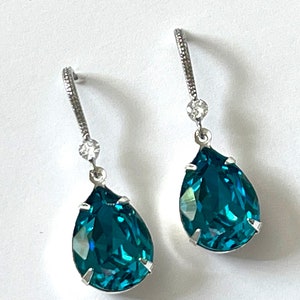 Elegant Blue Zircon Crystal Earrings, Teal Teardrop Earrings ...