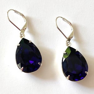 Purple Velvet Crystal Earrings, Crystal Teardrop Earrings, Purple Drop Earrings, Wedding Bridal Jewelry, Purple Velvet Rhinestone Earrings