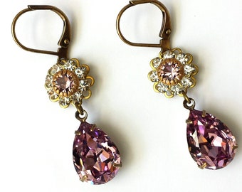 Amethyst Crystal Drop Earrings: Art Deco Style, Antique Brass