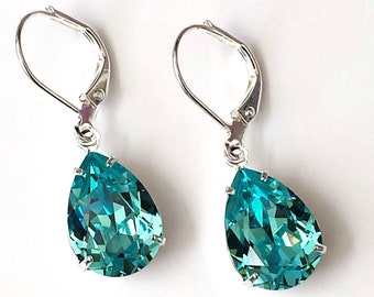 Classic Light Turquoise Crystal Earrings, Turquoise Earrings, Teal Rhinestone Earrings, Jewelry Gift, Small Drop Earrings, Bridesmaids Gifts