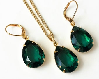 Emerald Crystal Jewelry Set: Gold Plated Teardrop Necklace & Earrings