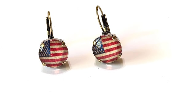 Antiqued 4th of July Earrings: Independence Day, Vintage Photo, American Pride, Patriotic, Antique Brass 12mm, US Flag
