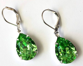 Peridot Crystal Earrings, Green Teardrop Earrings, Bridesmaids Gift, Crystal Teardrop Earrings, Rhinestone Earrings, Gift for Her