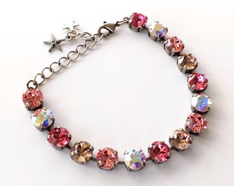 Tennisarmband kristal: roos- en AB-kristallen, antiekzilveren afwerking, roze sieraden, klassiek, ArtistInJewelry