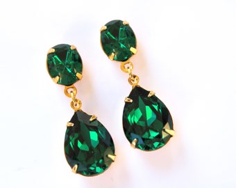 Emerald Crystal Earrings, Emerald Green Drop Earrings, Bridesmaid Jewelry Gifts, Double Drop Post Earrings, Gold Prom Earrings