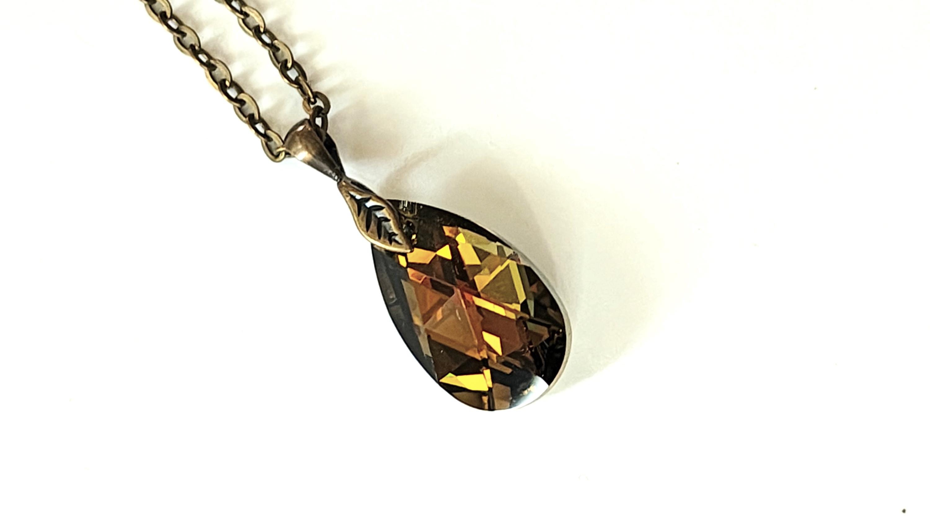 Smoked Quartz Teardrop Necklace: Antique Brass Crystal Pendant