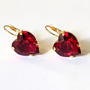 Sparkling Red Crystal Heart Earrings, Valentine Jewelry Gifts, Red Crystal Earrings, Gifts for Her, Red Earrings, Gifts for Sweetheart