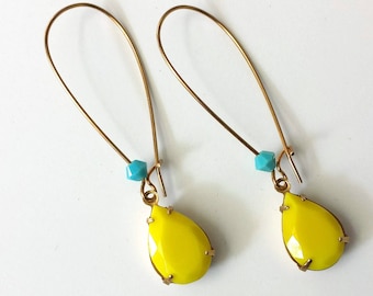 Yellow Drop Earrings - Small Teardrop Earrings - Yellow Rhinestone Earrings - Lemon Drop Earrings - Summer Earrings - Rhinestone Earrings