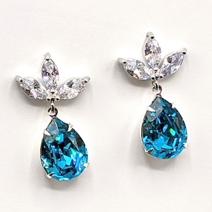 Blue Zircon Teardrop Earrings: Silver Plated Teal Crystal Post, Elegant, Classic, ArtistInJewelry