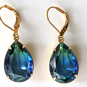 Emerald and Sapphire Earrings, Multi Color Teardrop Earrings, Gold Drop Earrings, Green and Blue Rhinestone Earrings, Wedding Bridal Jewelry