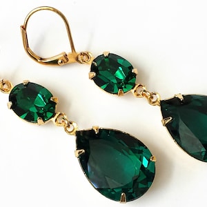Emerald Crystal Earrings, Emerald Green Teardrop Earrings, Double Drop Green Earrings, Bridesmaid Gifts, Emerald Earrings, Christmas Jewelry