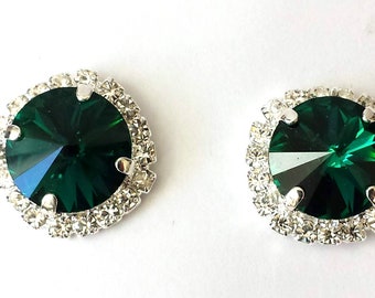 Emerald Halo Earrings, Elegant Post Earrings, Bridesmaid Gifts, Crystal Rhinestone Earrings, 12mm Silver Stud Earrings, Holiday Jewelry