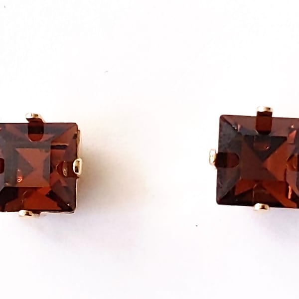 Smoked Topaz Crystal Earrings, Bridesmaids Gift, Gold Rhinestone Earrings, 8 mm Square Studs, Jewelry Gift, Christmas Gift, Handmade Jewelry