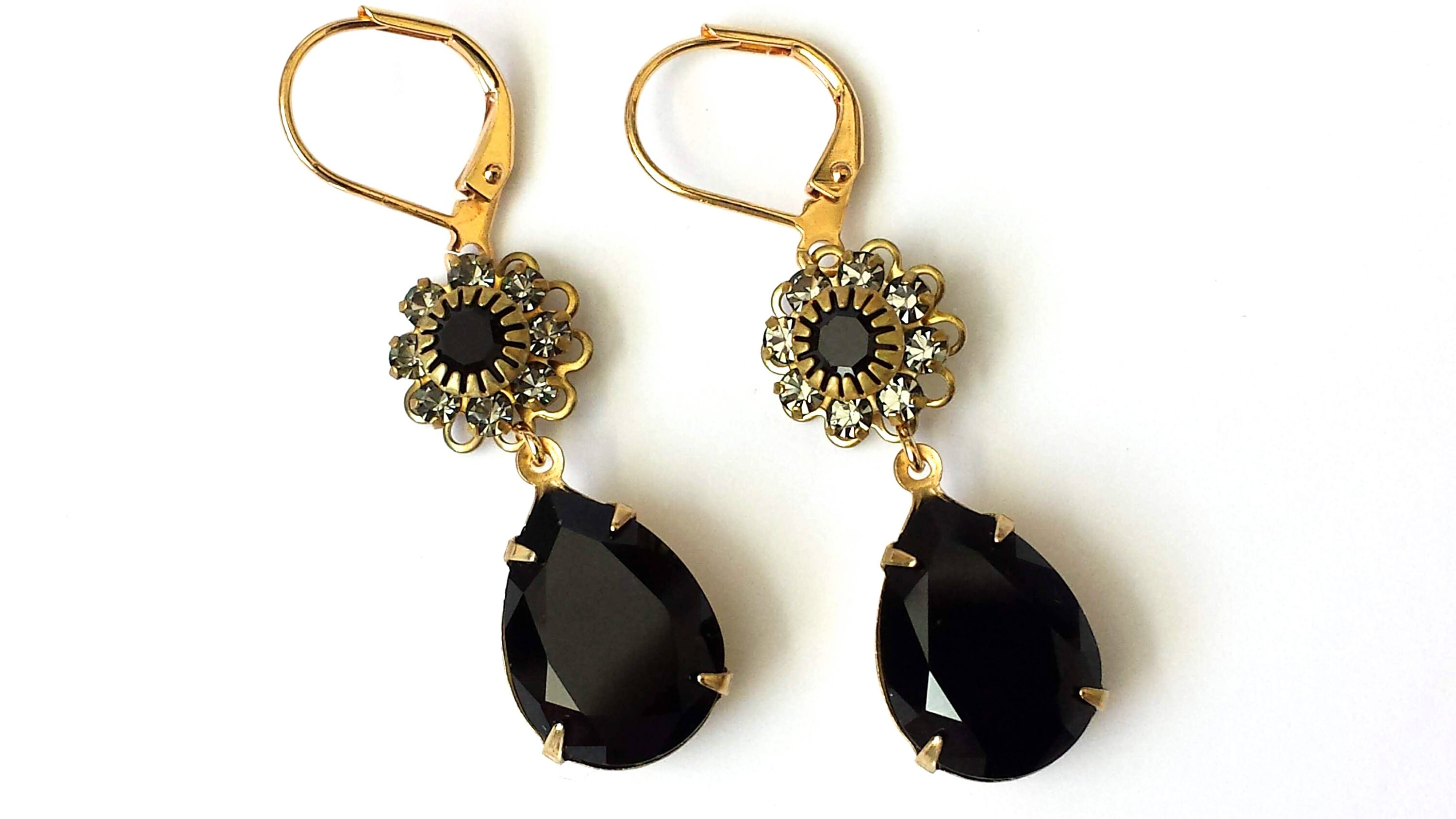 Boucles D'oreilles Clips Vintage Or Et Noir Avec Cristaux - Modèle 5089 - Occasion
