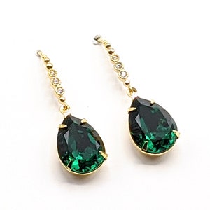 Emerald Crystal Teardrop Earrings, Emerald Earrings, Elegant Emerald Crystal Earrings, Gold Drop Earrings, Anniversary Gift, Gift for Her