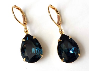 Dark Sapphire Crystal Earrings, Dark Blue Teardrop Earrings, Bridesmaids Gifts, Gift for Her, Blue Drop Rhinestone Earrings, Jewelry Gift