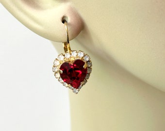 Red Crystal Halo Heart Earrings: Gold Plated, White Opal Accents, Valentine Jewelry Gift, Prom