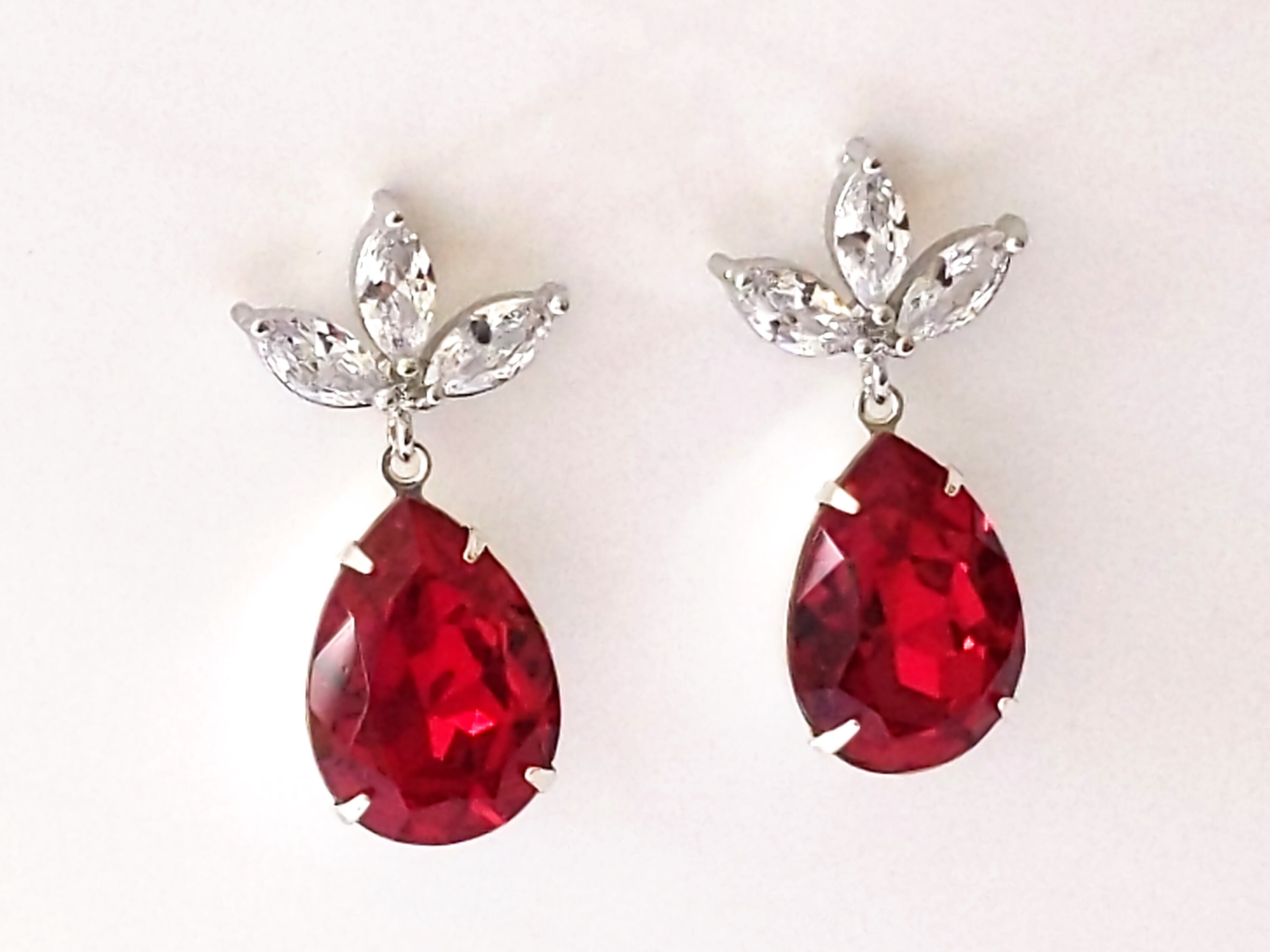 Red Crystal Post Earrings Crystal Drop Earrings Silver Post | Etsy